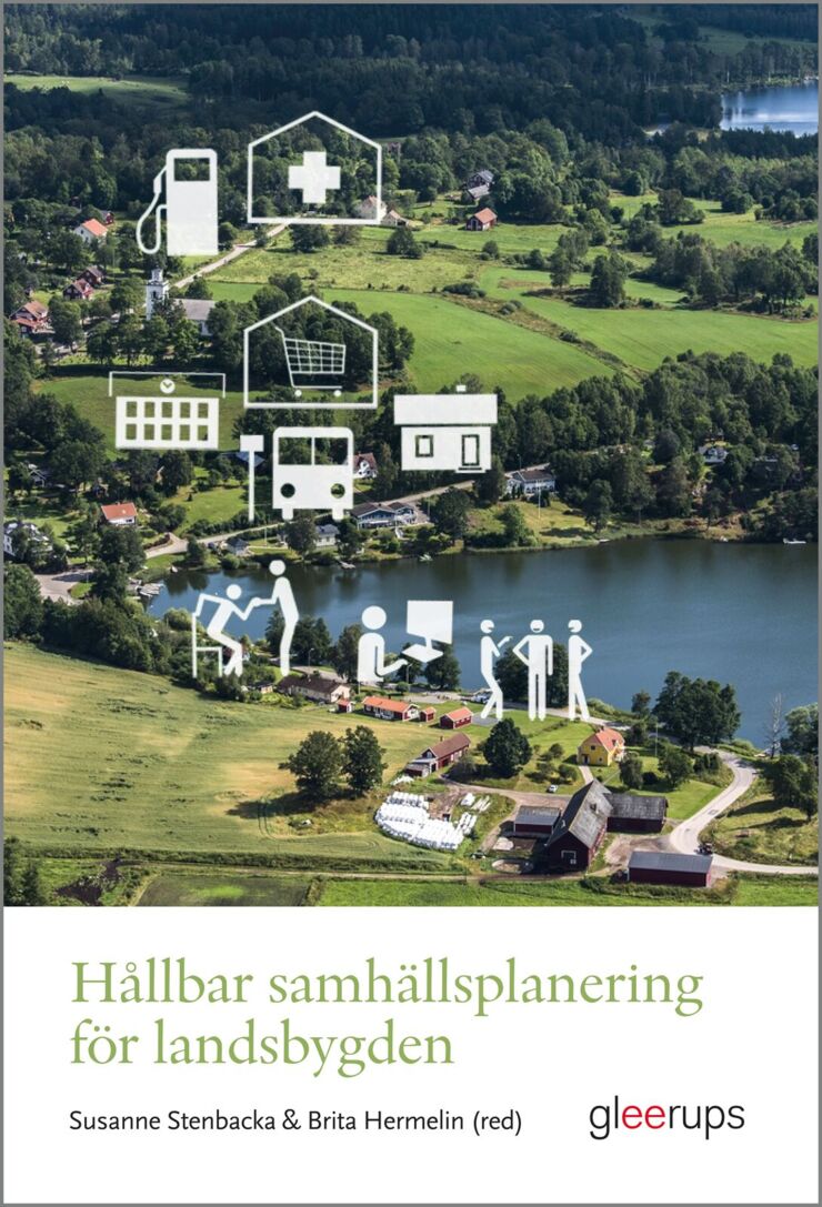 Ett bokomslag med svensk landsbygd i bakgrunden och tecknade symboler för hållbarhet i bilden