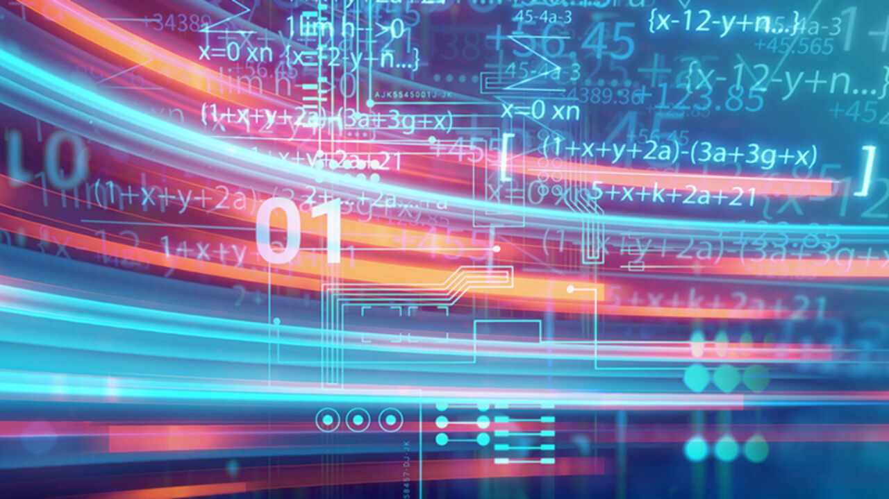 Abstrakt bild med algoritmer och digitala symboler
