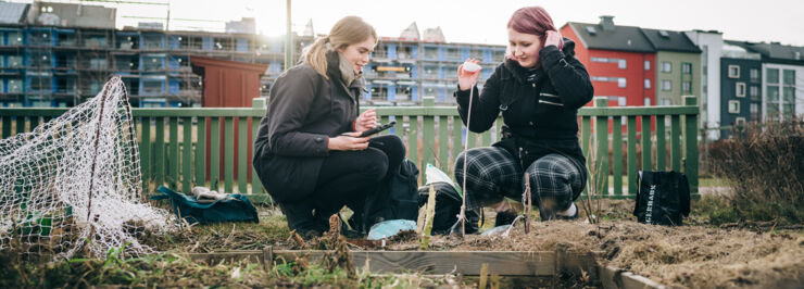 Two young women collecting samples in a urban garden in front of city houses.