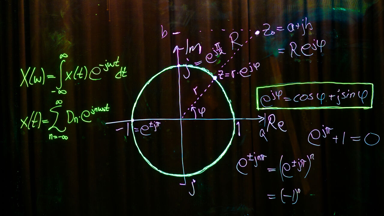 Matematiska formler skrivna med olika färger mot svart bakgrund