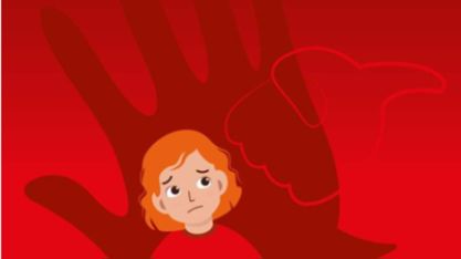 Illustration av ett rädd barn, en knytnäve hänger över