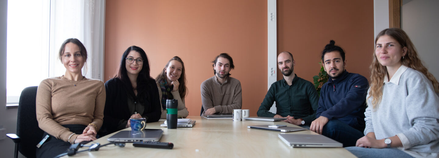 Gruppbild på Rebecca Böhmes forskargrupp i ett konferensrum.