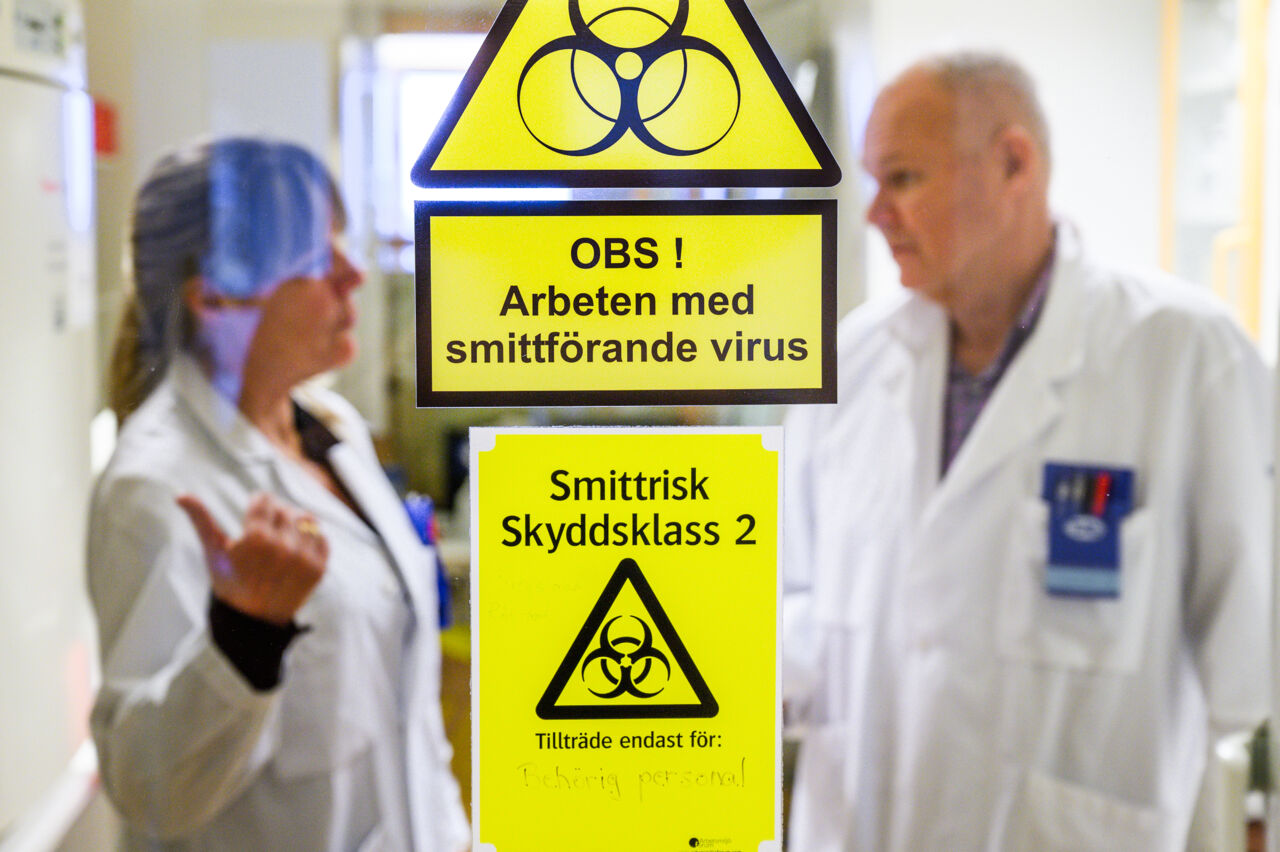 Två forskare syns genom dörr med varningsskyltar om smittförande material.