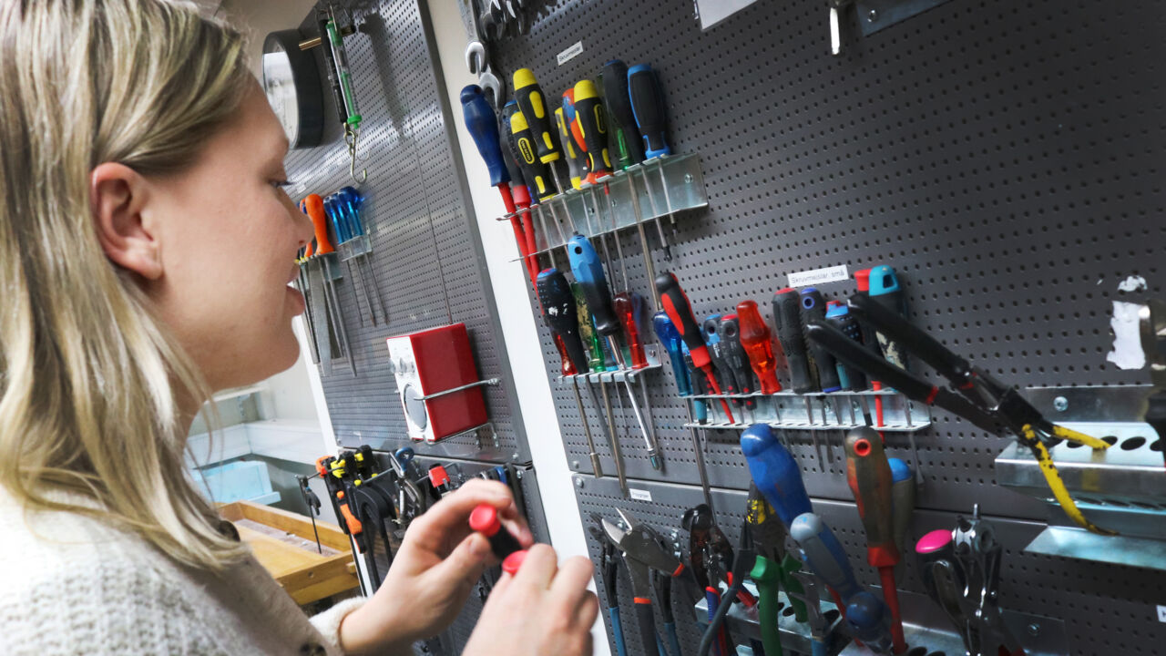 Female student by wall of indexed tools in the LiU lab.