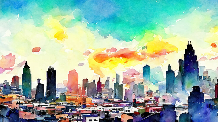 AI generated picture of a city in aquarelle style