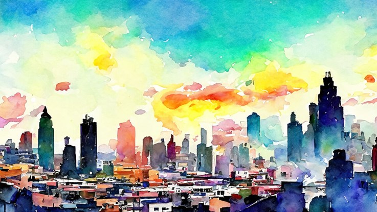 AI generated picture of a city in aquarelle style