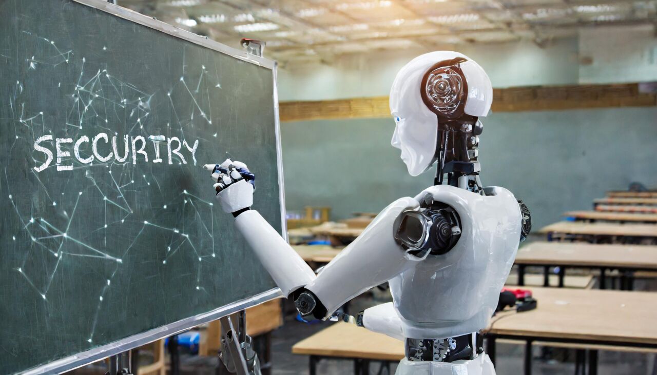 AI-generated image with a robot attempting to write the word security.