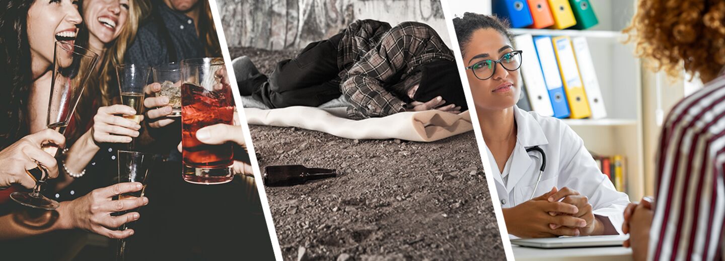 A photo montage of some people partying, a homeless person and a therapy session.