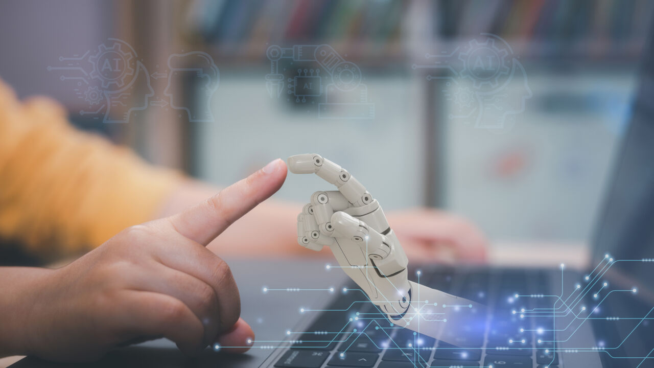 Hands of robot and kid hand touching each other with data network connection background.