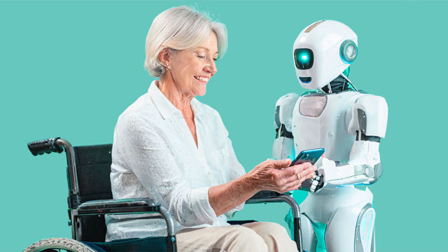 Robot helps a woman in wheelchair using a phonelike device