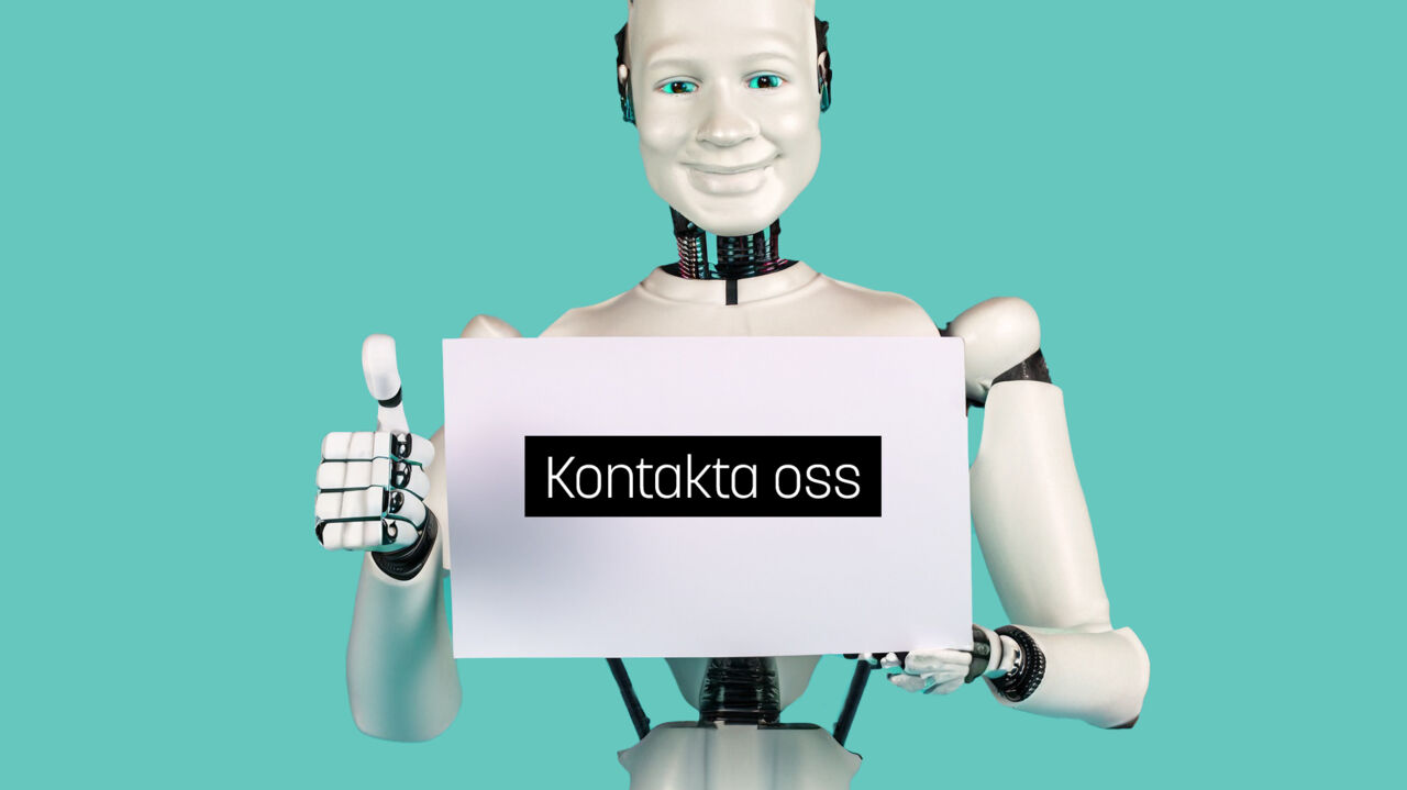 A friendly looking robot shows thumb up and hold a paper showing the words Contact us