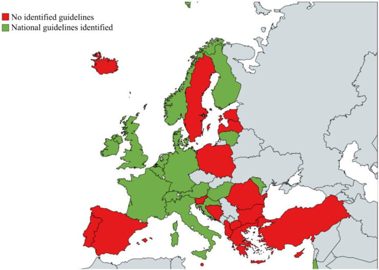 Karta som visar vilka länder som har och inte har nationella riktlinjer kring barn som utsatts för sexövergrepp.
