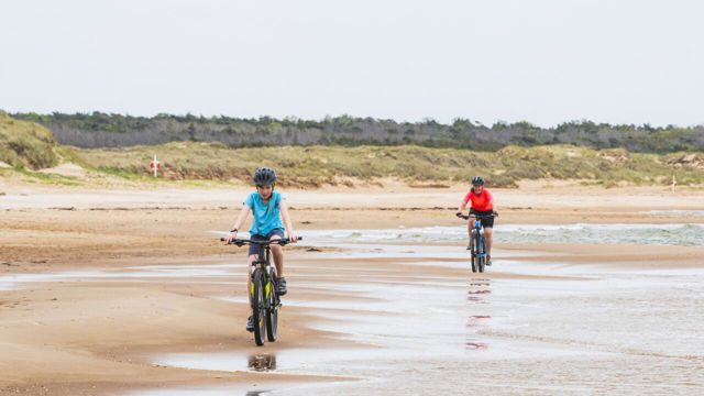 Två barn cyklar efter varandra på en strand