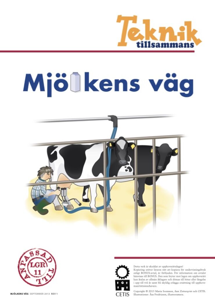 Illustration med två svartvita kor varav en blir mjölkad. 