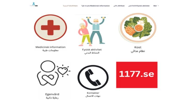 Symboler för bättre hälsa för personer med diabetes, text på svenska och persiska.