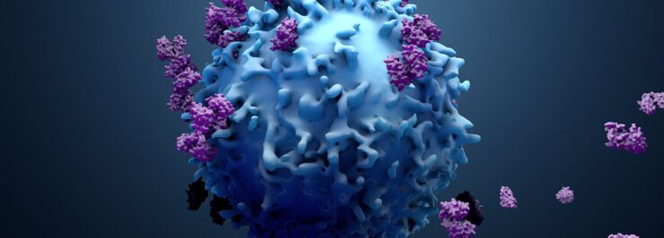 3d illustration proteins with lymphocytes , t cells or cancer cells.