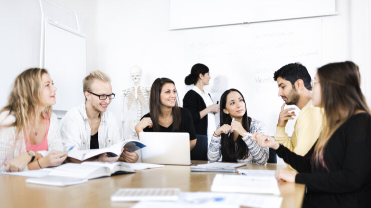 Sju studenter diskuterar i grupp.