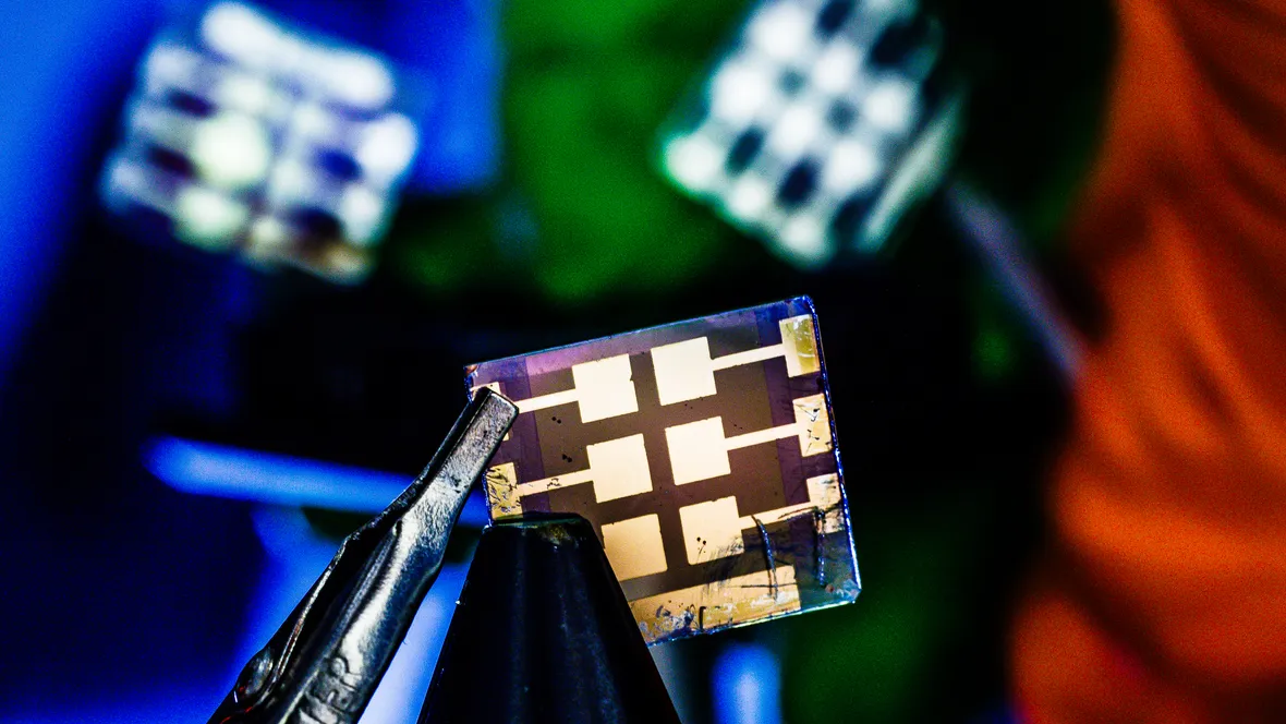 Glass sheets with perovskite LEDs.