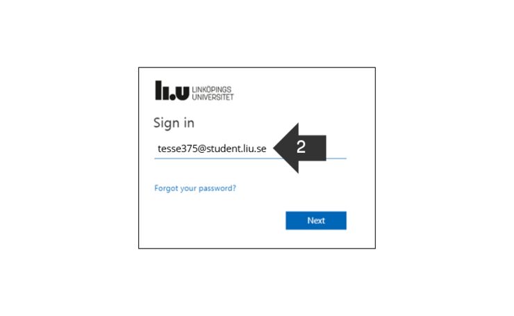 Screenshot showing a login box. An arrow points to the field to fill in your LiU account.