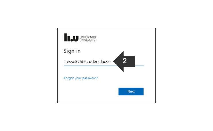 Skärmklipp som visar en inloggningsruta. En pil pekar på fältet för att fylla i sitt LiU-konto.
