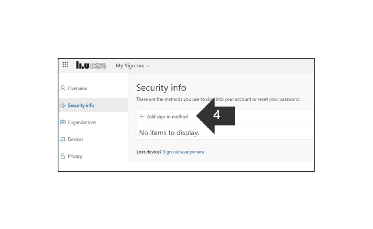 Screenshot showing a web page. An arrow points to the option to add a sign-in method.