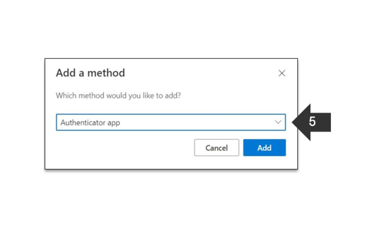 Screenshot showing a dialogue box. An arrow points to selecting the authentication app option in a drop-down list.