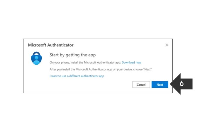 Screenshot showing a dialogue box prompting you to download the Microsoft Authenticator app. An arrow points to clicking Next.