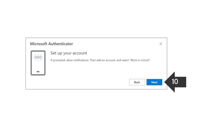 Screenshot showing a dialogue box for setting up an account in the Microsoft Authenticator app. An arrow points to clicking Next.