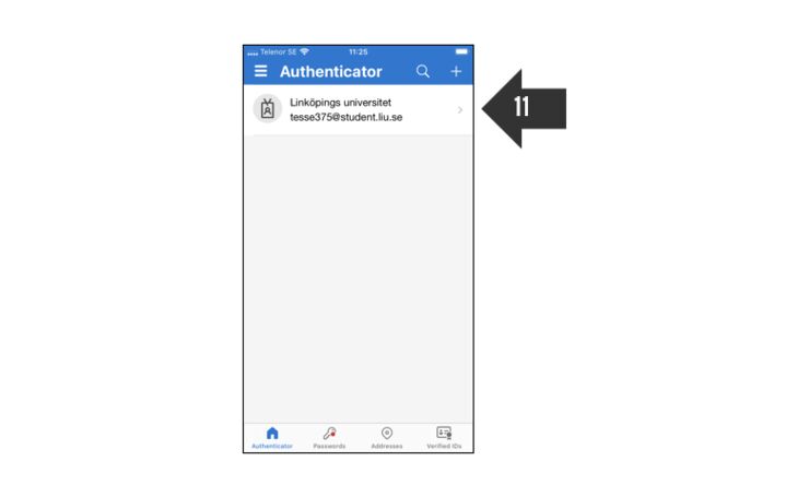 Skärmklipp som visar en vy i Microsoft Authenticator-appen som visar att ett konto har lagts till. En pil pekar på att klicka på Nästa.