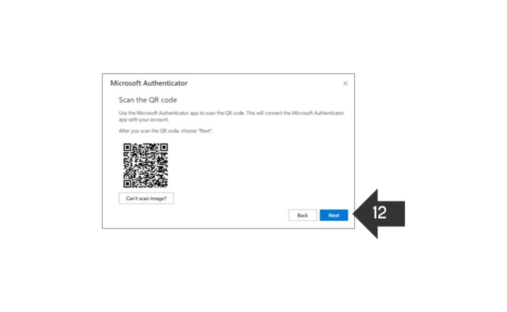 Screenshot showing a dialogue box asking you to scan a QR code. An arrow points to clicking Next.