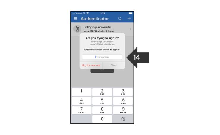 Skärmklipp som visar vy i mobilen där användaren ska fylla i en sifferkod. En pil pekar på textfältet.