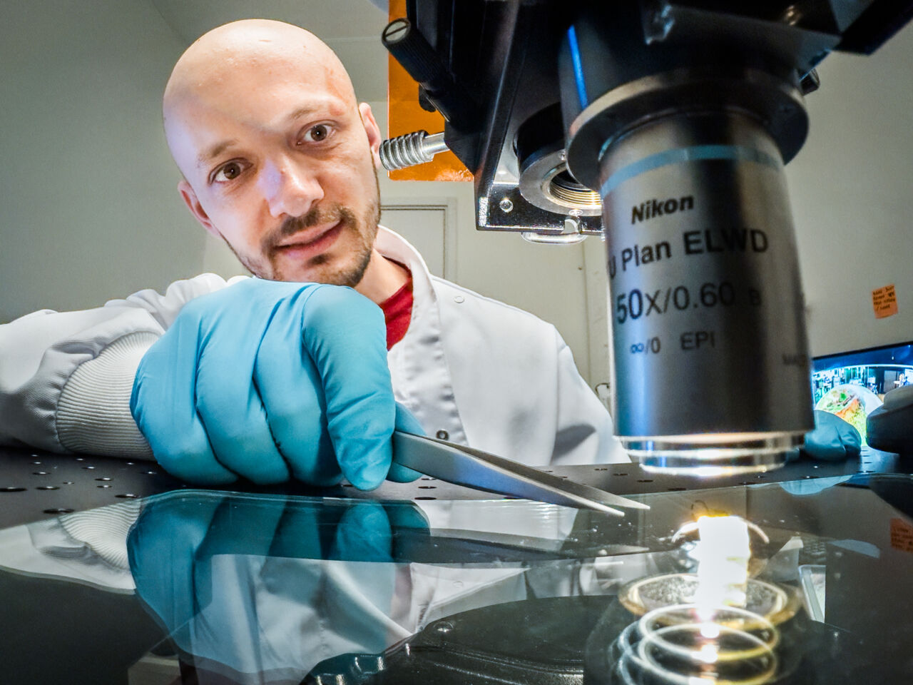 Researcher (Xenofon Strakosas) by a microscope.