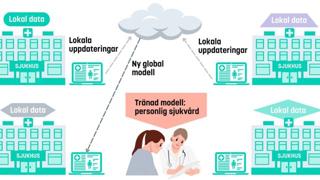 Infografik som med illustrationer visar hur lokala uppdateringar från sjukhusen skickas till ett moln som skickar ny global modell till sjukhus. Den tränade modellen ger personlig sjukvård till patienten.