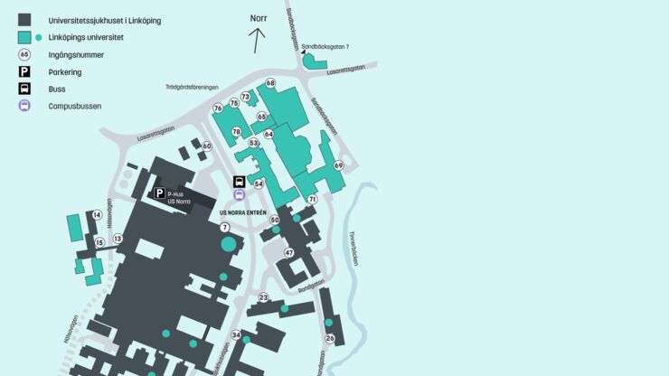 Karta över byggnader på sjukhusområdet i Linköping.