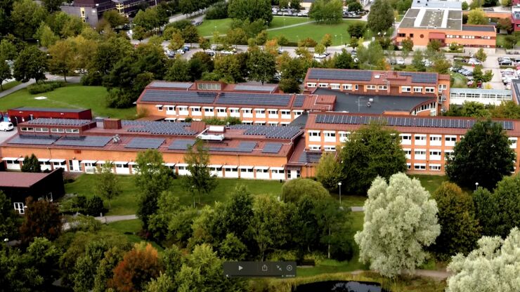 Drönarbild av Tema-huset på Campus Valla