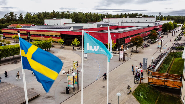 Aerial view of the campus showing the Swedish flag and the LiU flag hoisted outside buildings.