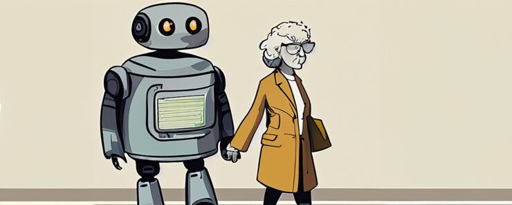 En robot håller en gammal dam i handen.