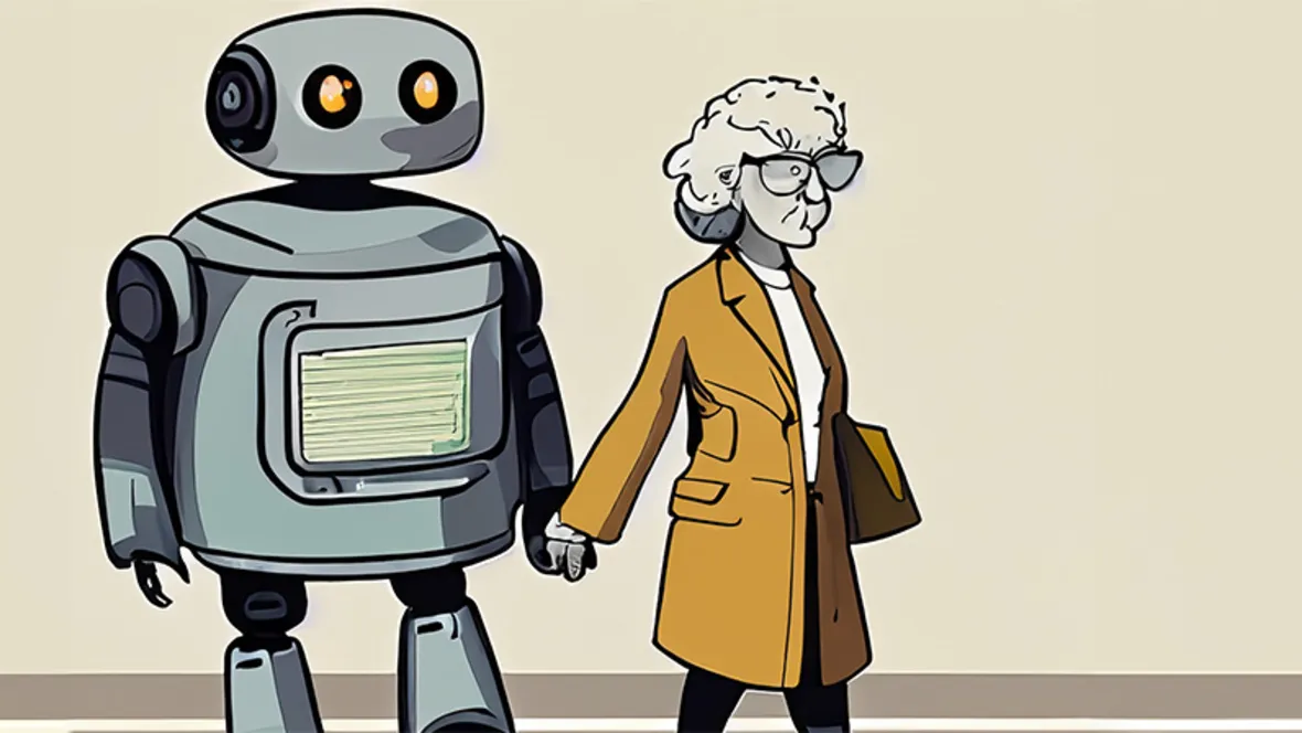 En robot håller en gammal dam i handen.