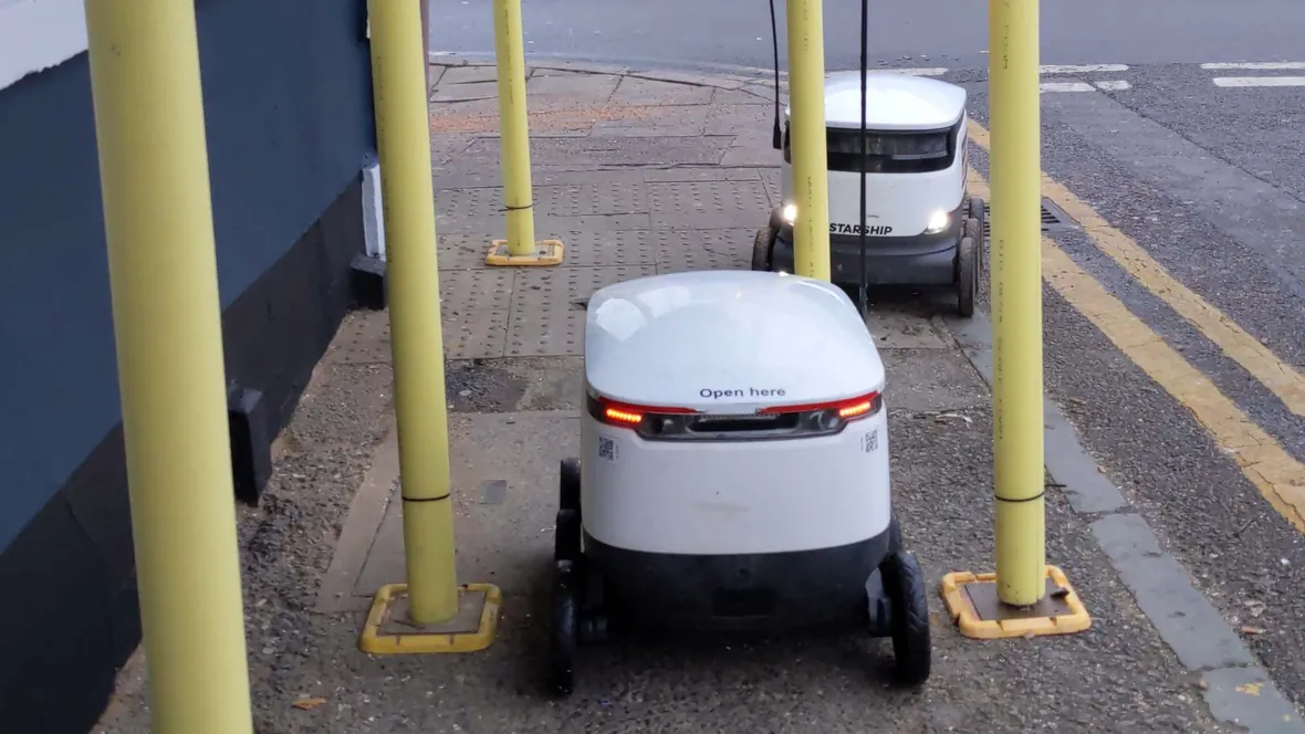 Robots trying to get past scaffolding.