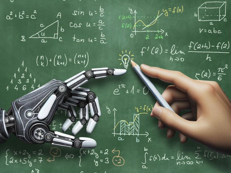 AI-genererad bild av en robothand och en mänsklig hand framför en tavla med matematiska problem