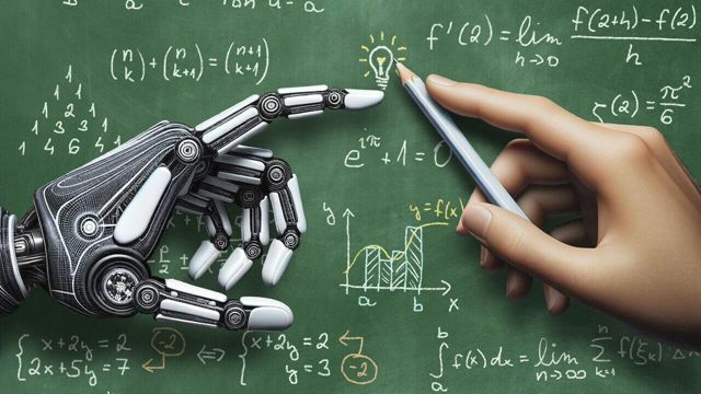 AI-genererad bild av en robothand och en mänsklig hand framför en tavla med matematiska problem