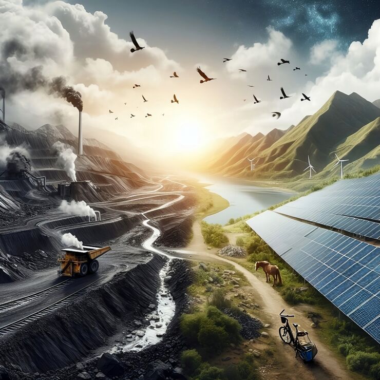 Ett landskap med gruvbrytning och industriella utsläpp till vänster och ett naturlandskap med solceller och vindkraftverk till höger.