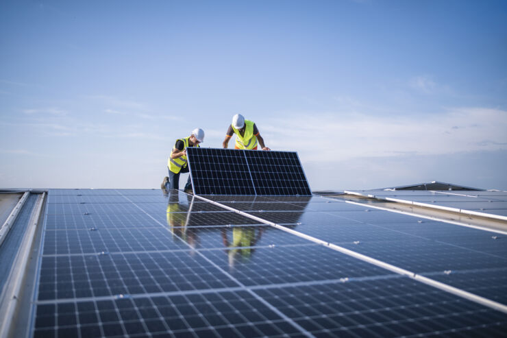 Solar cells are mounted on a roof.