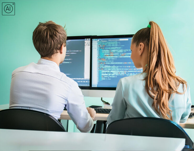 AI genererad bild som visar två elever som arbetar med programmering vid datorer.