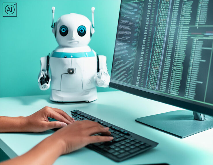 AI genererad bild som visar händer som skriver på ett tangentbord, en dataskärm och en liten robot