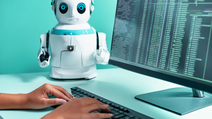 AI genererad bild som visar händer som skriver på ett tangentbord, en dataskärm och en liten robot