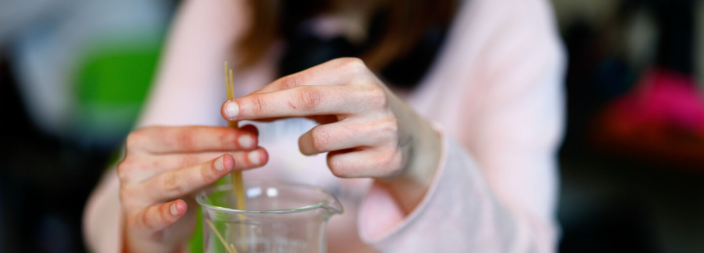 Gymnasieelev håller spaghetti i mätglas under biologilektion.