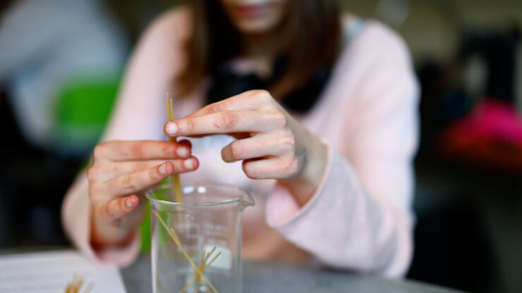 Gymnasieelev håller spaghetti i mätglas under biologilektion.