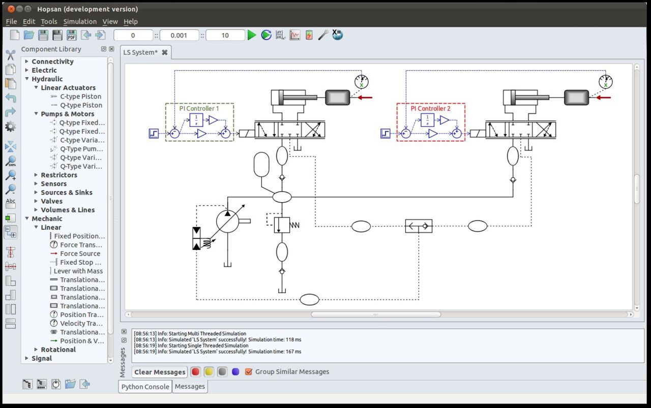 A load sensing hydraulic servo system with two actuators modelled in Hopsan.