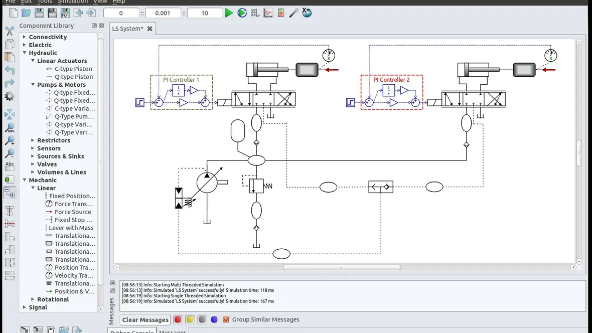 A load sensing hydraulic servo system with two actuators modelled in Hopsan.